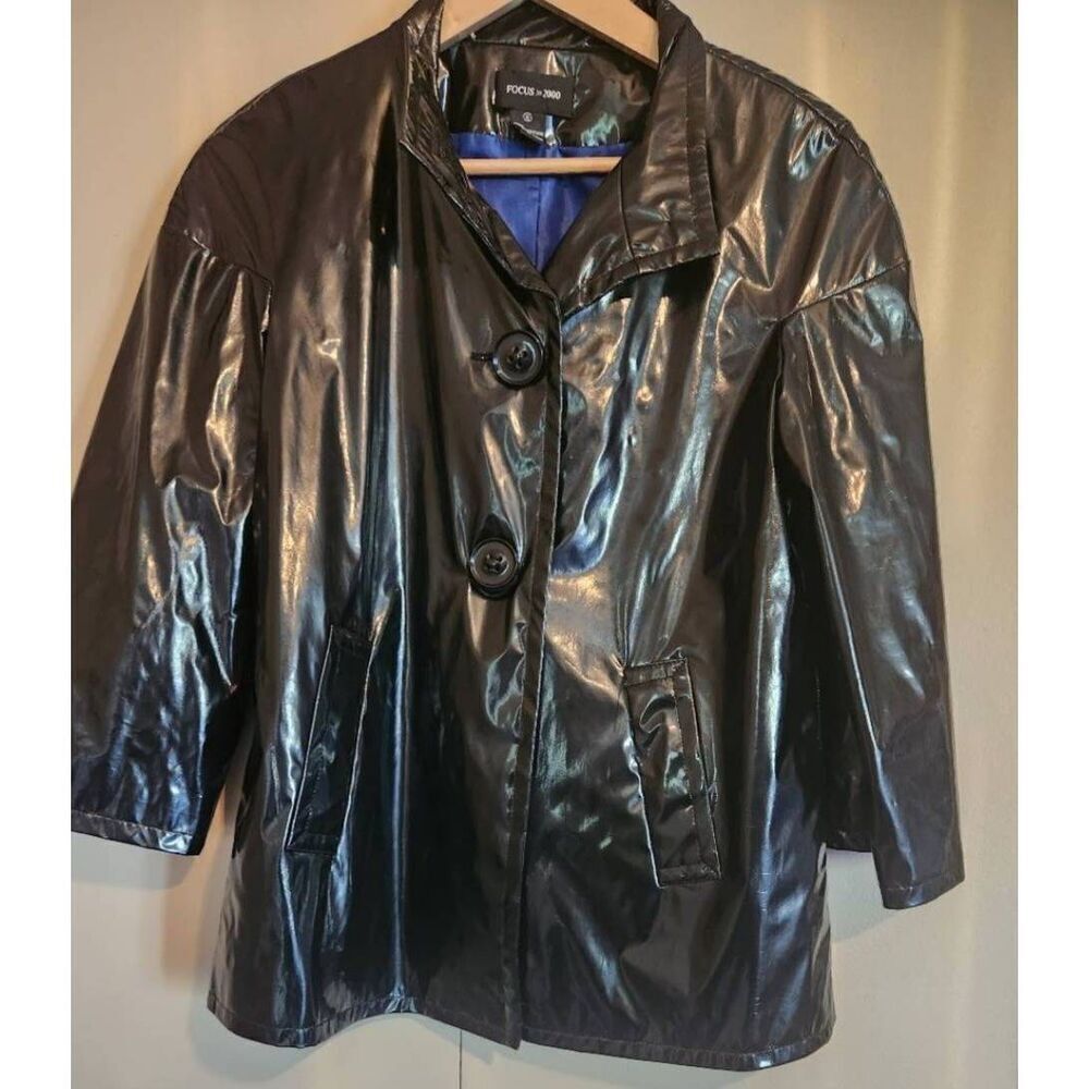O5 Focus 2000 polyurethane shiny black rain jacket, blue lining, button up